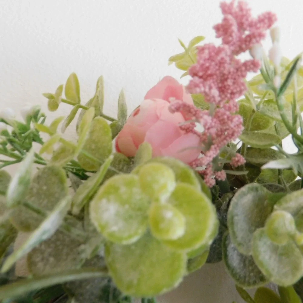 Dusty Miller Mini Wreath, Eucalyptus,‎ Pink Flowers, Candle Ring